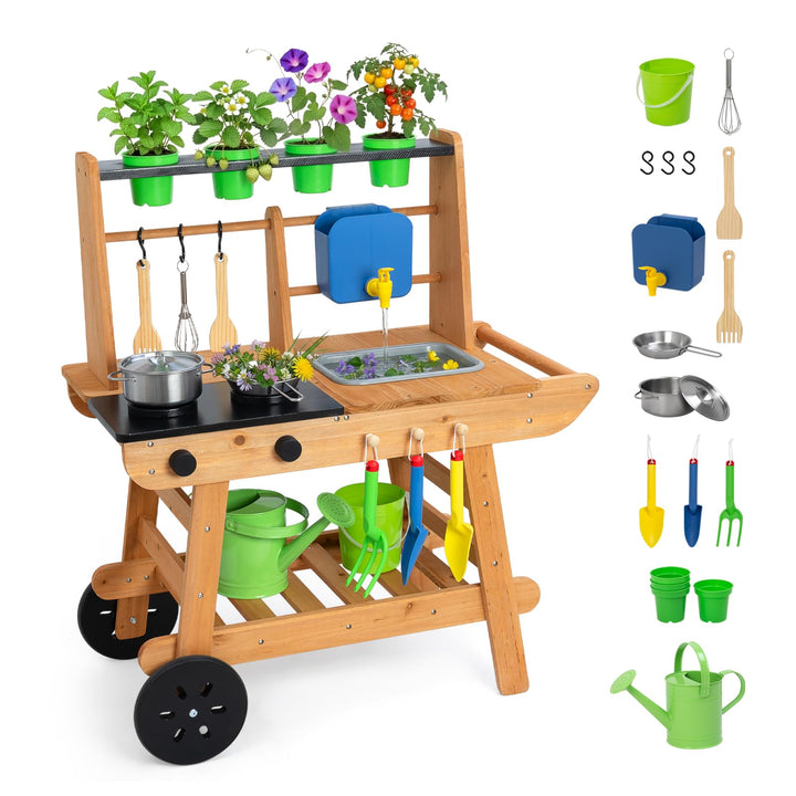 OOOK Matschküche Kinder Outdoor mit Rädern, Outdoorküche Kinder aus Holz, Gartenspielküche Outdoor f