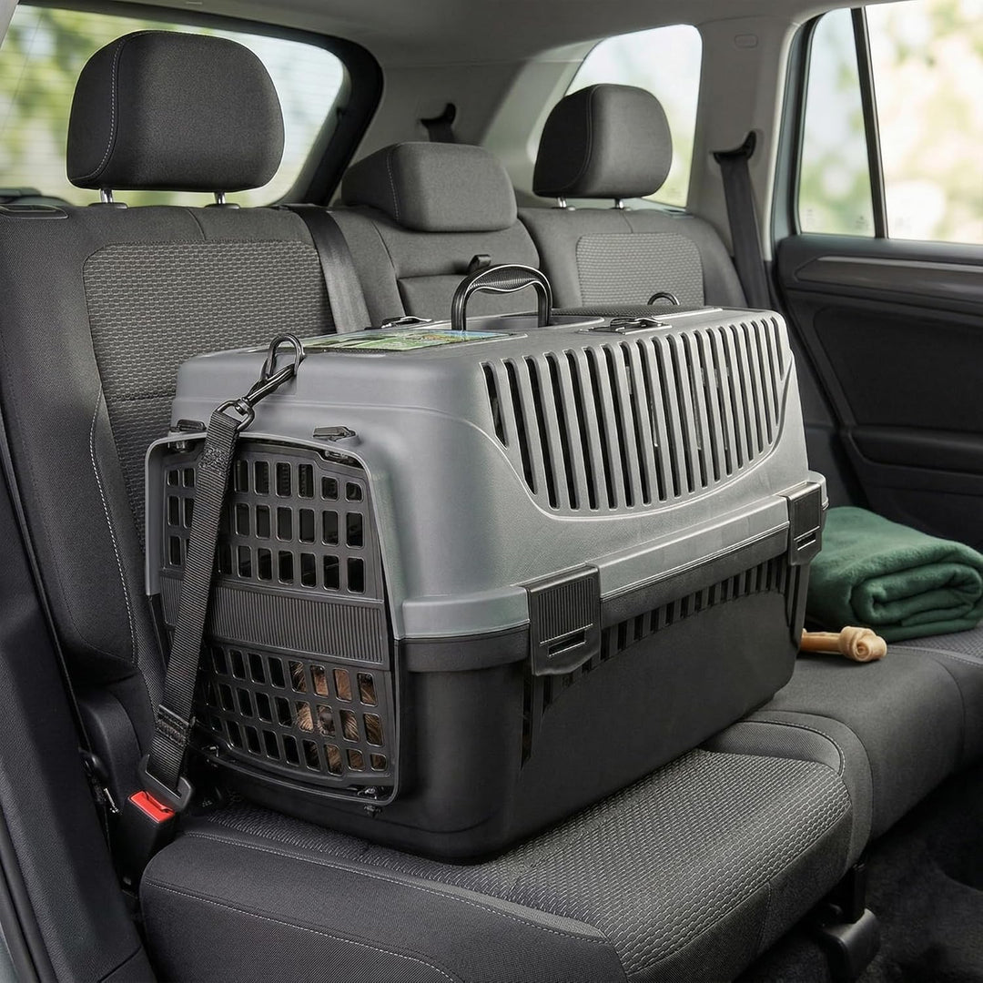 HAPPET Tiertransportbox Molly M Grau & Schwarz 55x36,5x33 cm – Robuste, gut belüftete Transportbox a