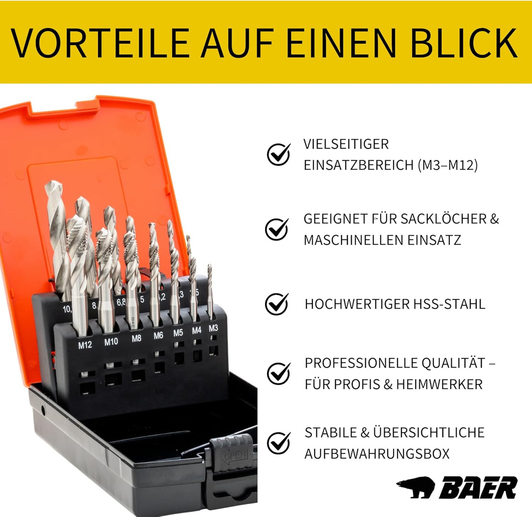 BaerCoil BAER Gewindeschneider Set HSSG: Maschinengewindebohrer Sackloch + Kernlochbohrer: M 3 - M 1