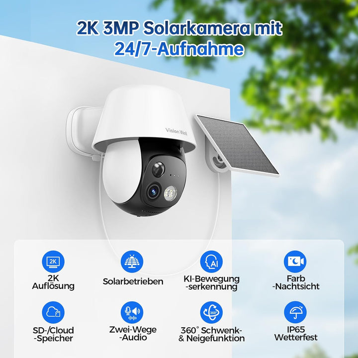VISION WELL Solar Überwachungskamera Aussen, 2K 360° PTZ WLAN IP Kamera Kabellos, PIR Personenerkenn