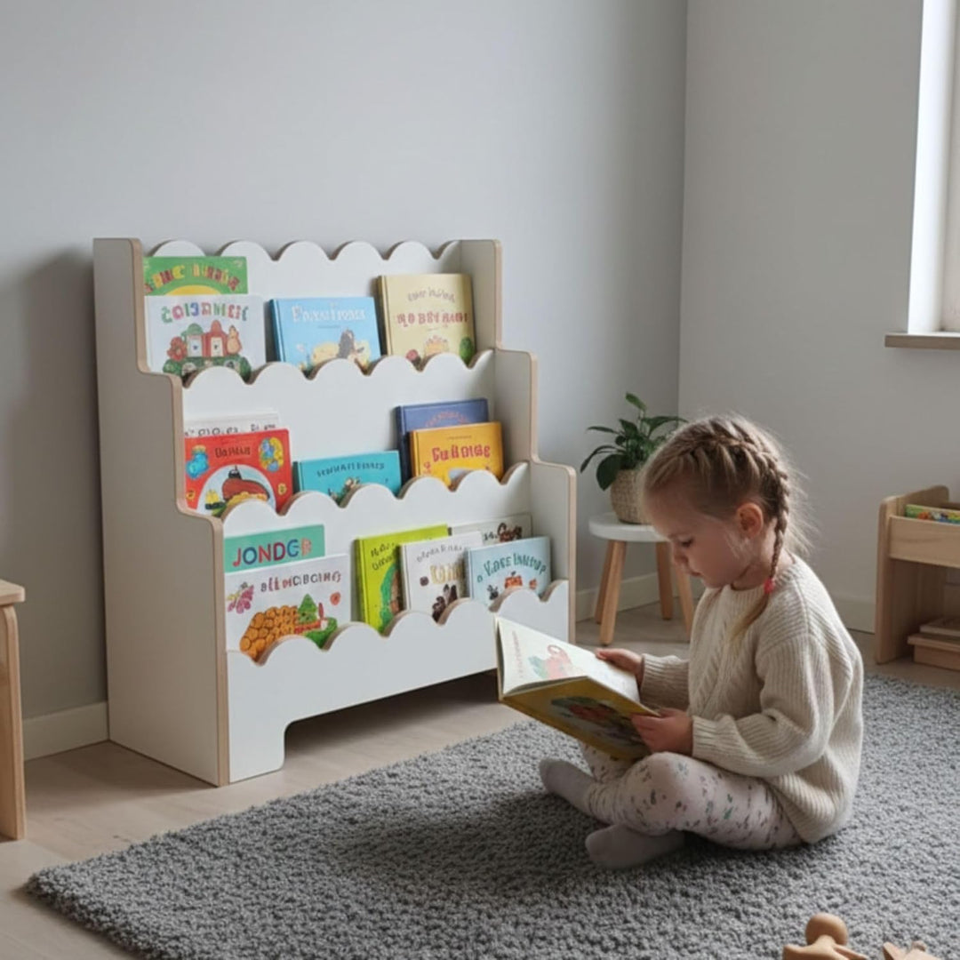 Montessori Kinderregal Weiss – Stabiles Bücherregal für Kinder – Regal für Spielzeug und Bücher – Er