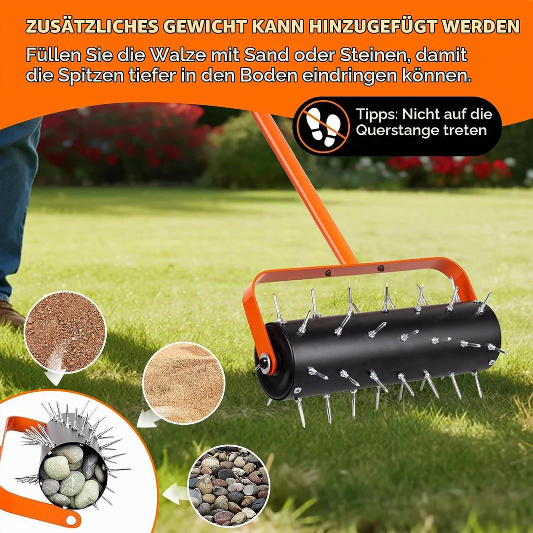 Rasenlüfter Walze, Rasenbelüfter Manuell, Handvertikutierer Rollend mit 42 Nägeln 5cm &amp; Spritzschutz