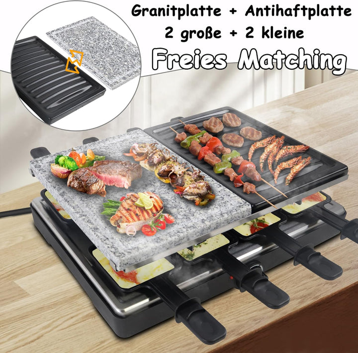 1400W Raclette Grill für 8 Personen Doppelstöckiger Tischgrill inkl. Antihaftbeschichtet, Steinplatt