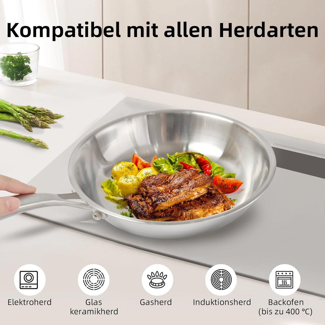 Pfanne Edelstahl Bratpfanne unbeschichtet, Induktionskompatibel langlebig hochwertige Edelstahlgriff