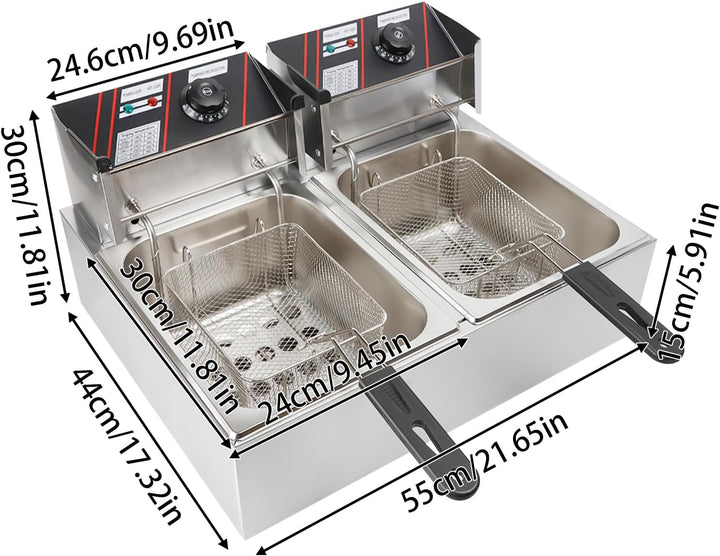 Elektrische Friteuse mit Fett 5000W 6 L Kommerzielle Doppel Fritteusen Gastronomie Edelstahl Kaltzon