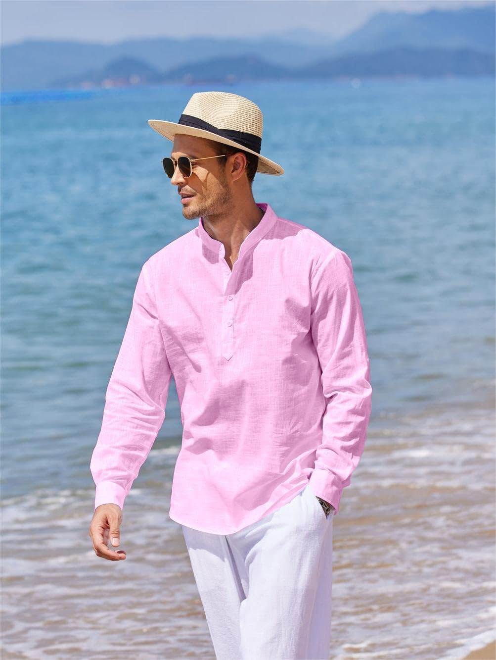 COOFANDY Herren Hemd Langarm Henley Shirt Leinenhemd Baumwolle Casual Regular Fit Sommerhemd A-rosa
