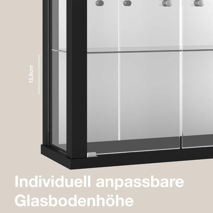 Hängevitrine in Schwarz (80x60x25 cm) mit 2 höhenverstellbaren Glasböden, Spiegel & LED - Modellauto