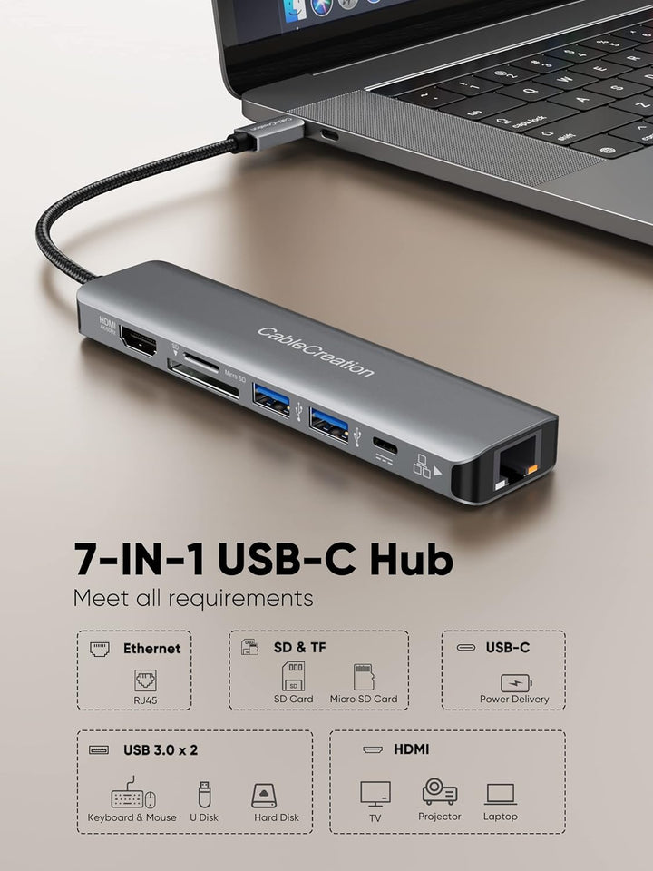 CableCreation USB C Hub, 7 in 1 Multiport Adapter mit HDMI 4K 60Hz,Ethernet 1Gbps, 100W PD, SD/Micro