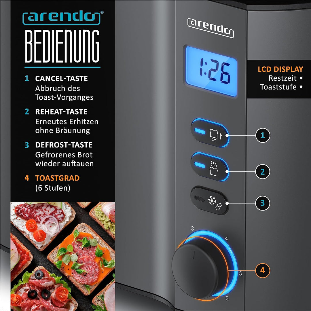Arendo - Toaster 2 Scheiben Edelstahl mit Restzeitanzeige - 800 Watt - Doppelwandgehäuse - Integrier