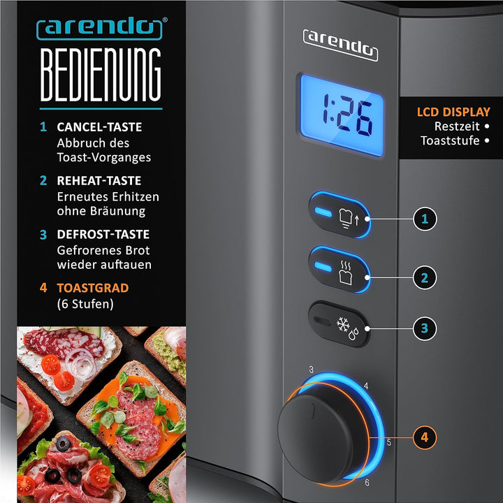 Arendo - Toaster 2 Scheiben Edelstahl mit Restzeitanzeige - 800 Watt - Doppelwandgehäuse - Integrier
