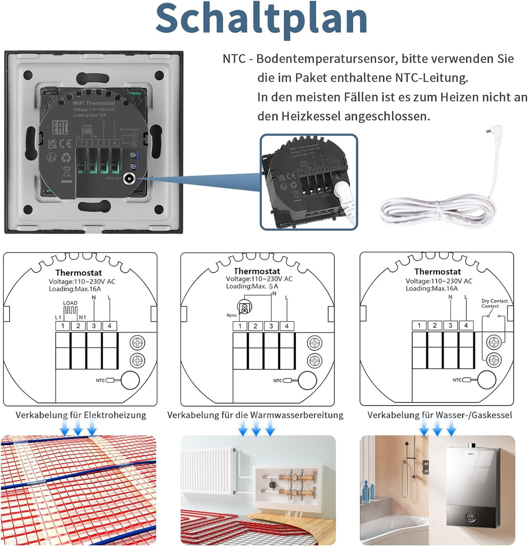 CNBINGO Smart Thermostat Unterputz mit Fühler, Digitaler Raumthermostat für Wasser Fussbodenheizunge