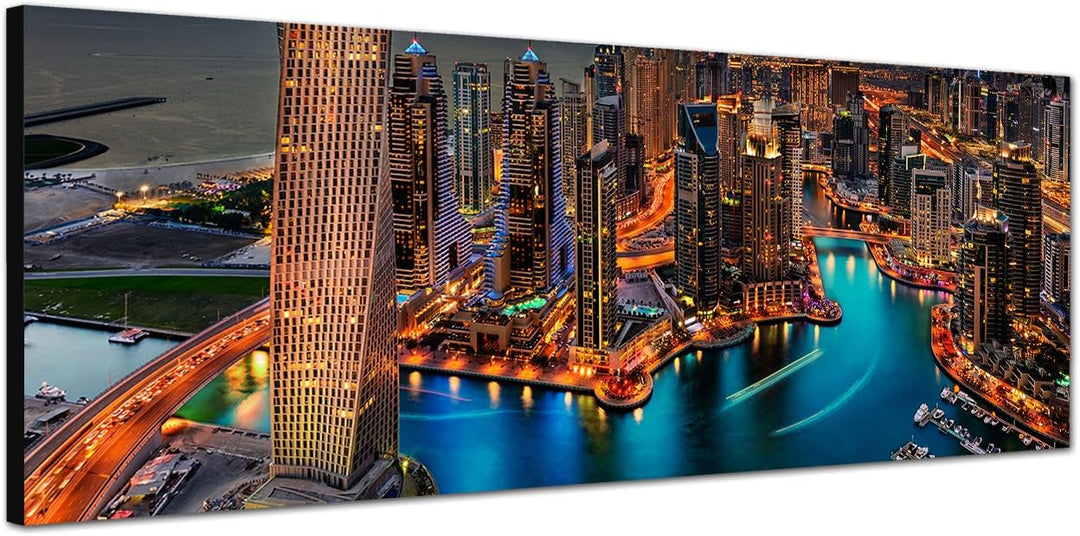 Paul Sinus Art Panoramabild auf Leinwand und Keilrahmen 150x50cm Stadt Yachthafen Hochhäuser Meer Dä