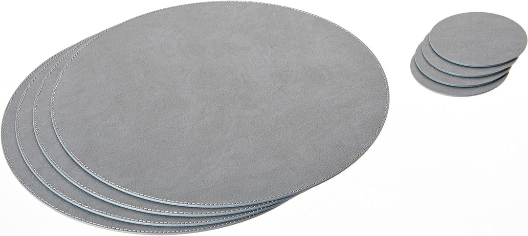 Nikalaz Rund Platzsets und Untersetzer aus recyceltem Leder, 4 Stück Platzdeckchen 33 cm und 4 Unter