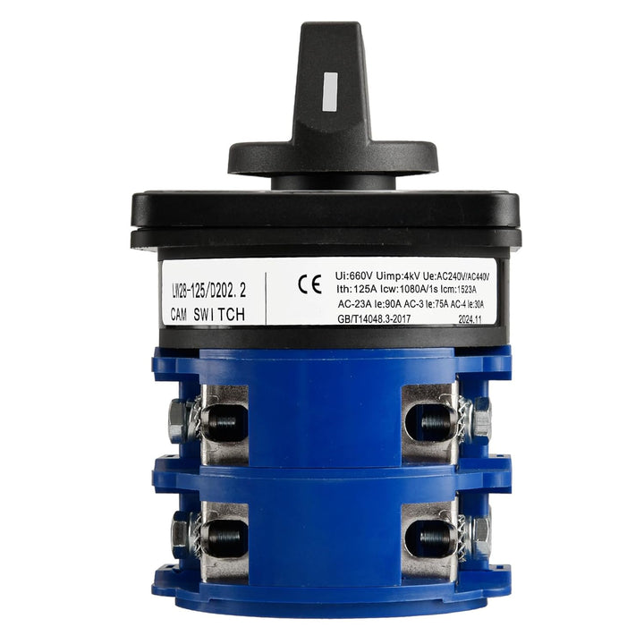Heschen Drehwechsel-Nockenschalter, LW28-125/D202.2, 125A 660VAC, 2 Phasen, ON/OFF/ON 3 Positionen,