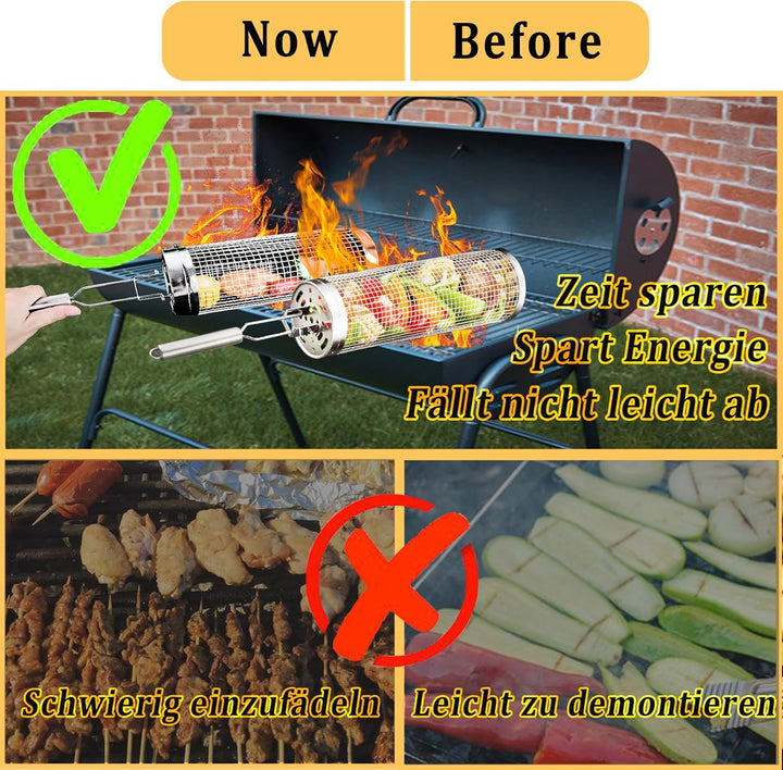 2 Stück Grillkorb Edelstahl mit Abnehmbarem Griff, Grill Zubehör BBQ GrillgemüSe Grillkorb Zylindris