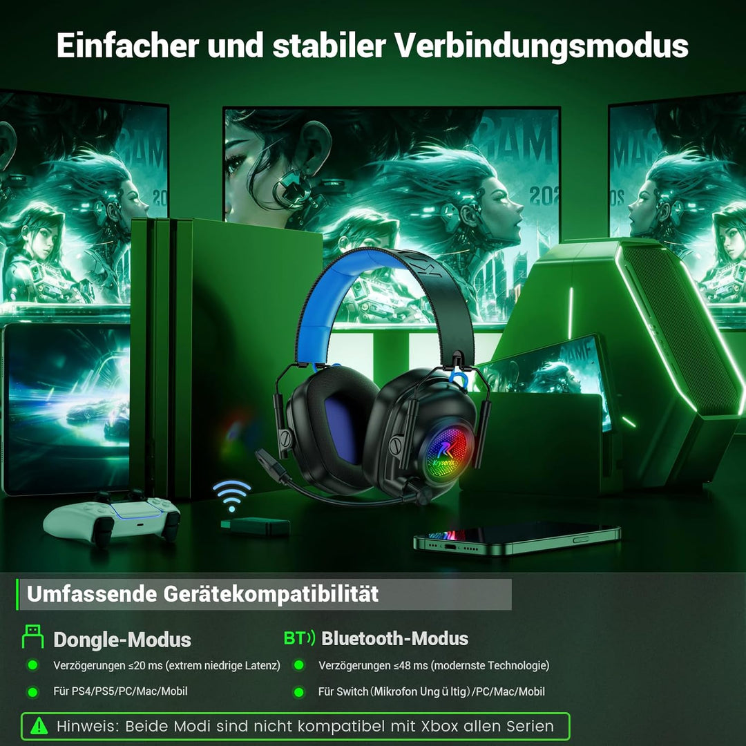 KGH2 Gaming Headset Wireless für PS4, PS5, PC, Mac, Switch, 2.4GHz Gaming Headset mit Mikrofon, Falt
