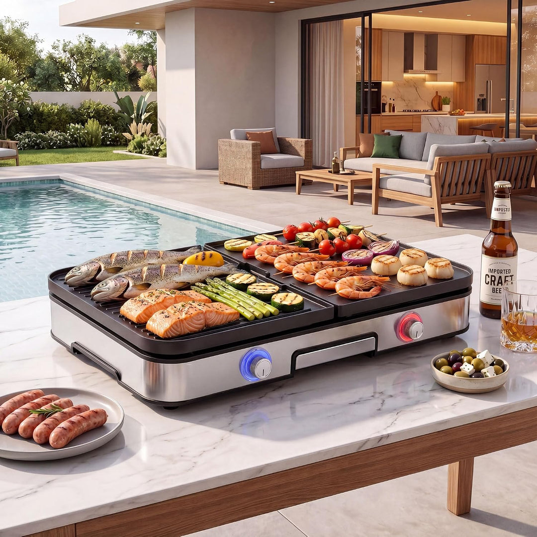 LIFEZEAL Tischgrill 48 x 31 cm, Elektrogrill 2000 W, Elektrischer Plattengrill Indoor mit 2 wendbare