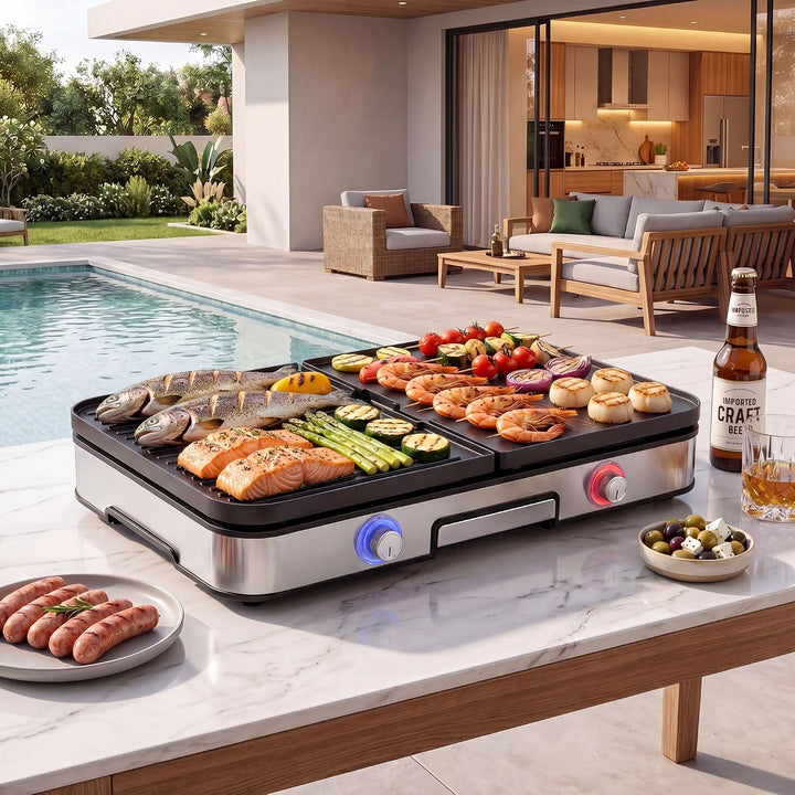 LIFEZEAL Tischgrill 48 x 31 cm, Elektrogrill 2000 W, Elektrischer Plattengrill Indoor mit 2 wendbare