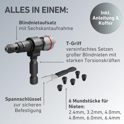 Fortum Profi Nietaufsatz für Akkuschrauber oder Bohrmaschine - Akku Nietzange-Adapter für Blindniete