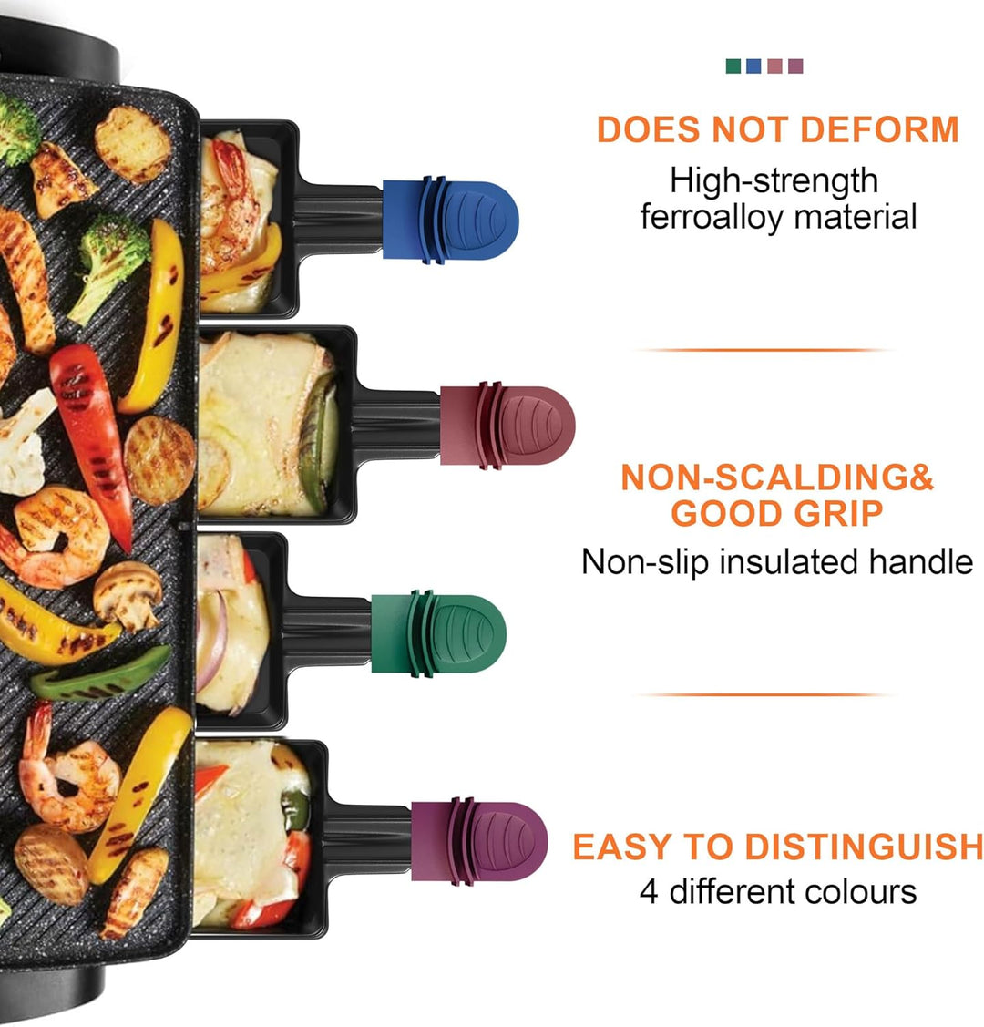 8er Set Raclette Pfännchen antihaftbeschichtet, Mini Grill Pfännchen Ersatz mit 8 Schaber und buntem
