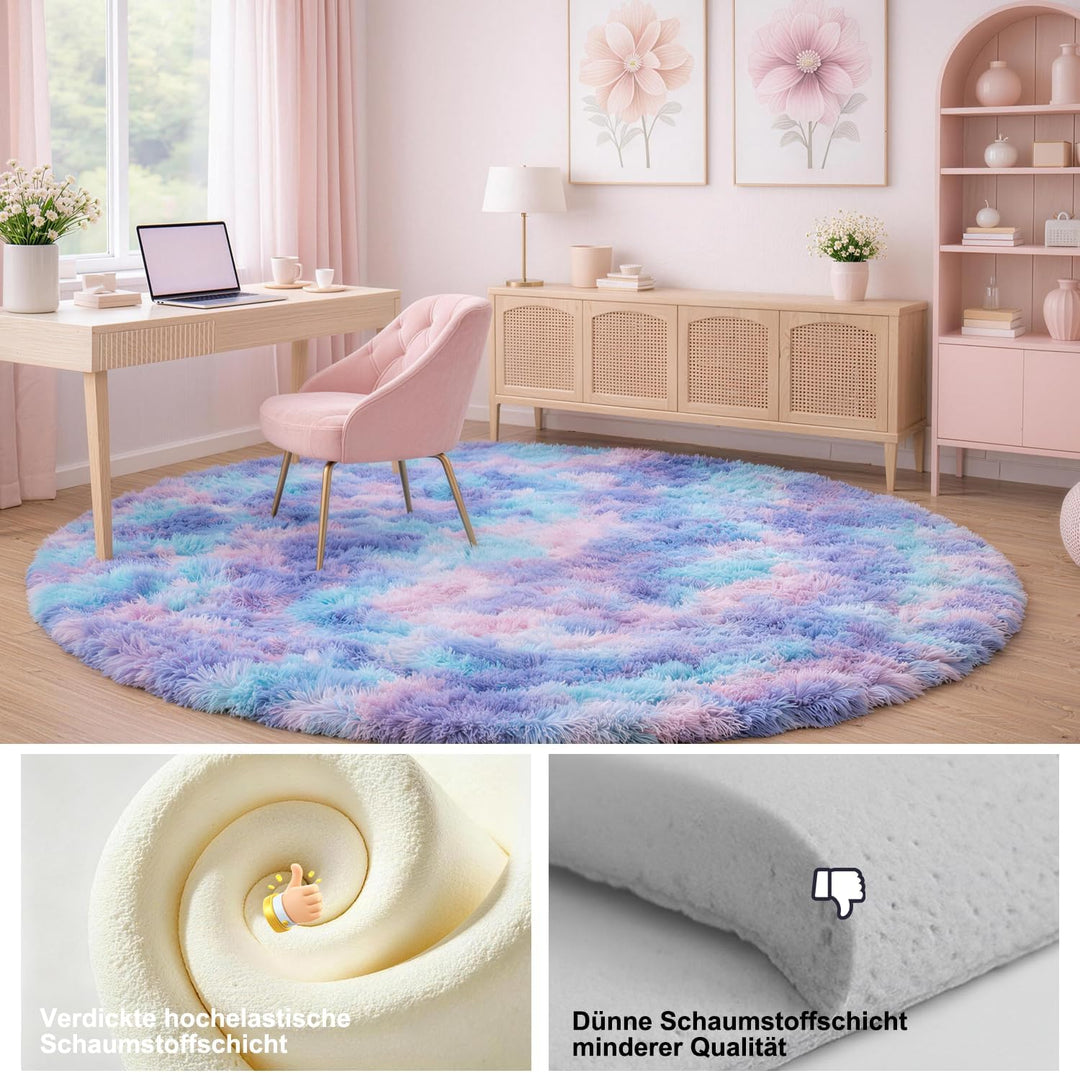 Runder Teppich 120 cm Blau-violett Waschbar Rutschfester Runder Hochflorteppich Wohnzimmer Schlafzim