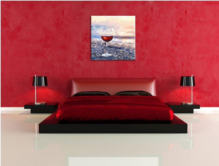 Pixxprint Weinglas am Steinstrand Pinsel Effekt, Format: 70x70 auf Leinwand, 70x70