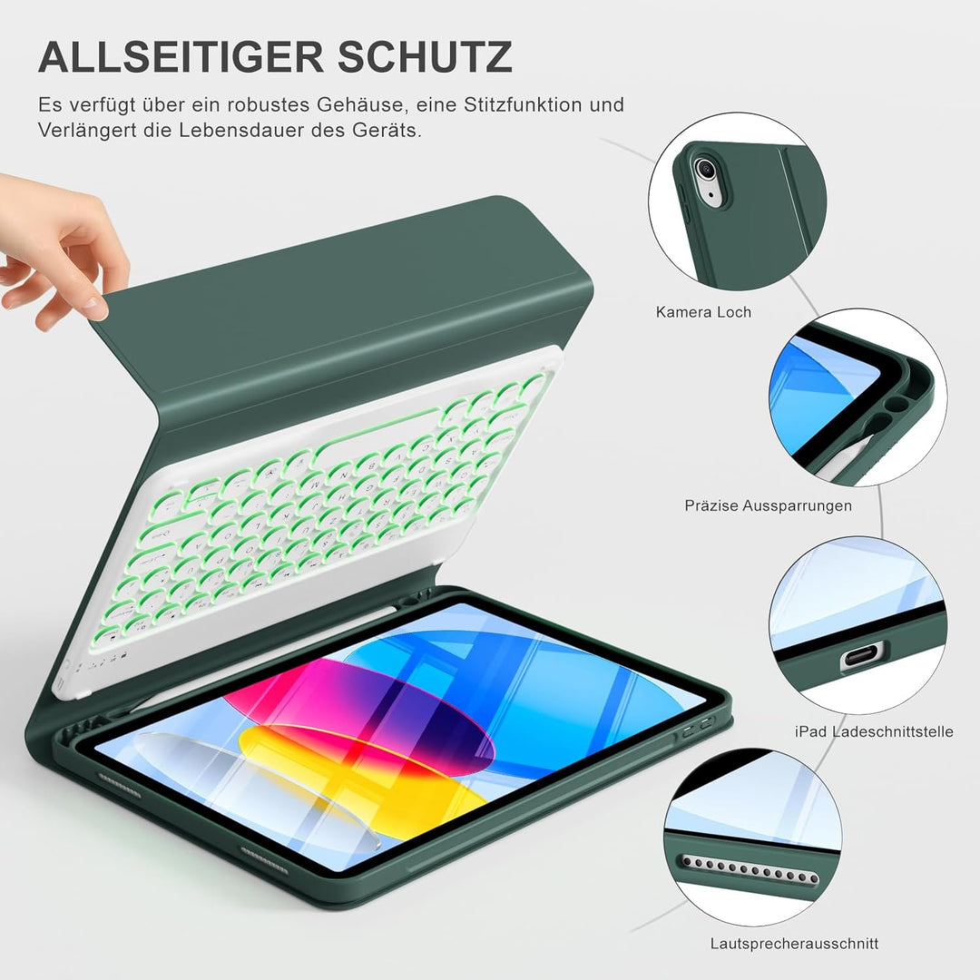 ZOPSGYU Hülle mit Tastatur für iPad A16 11. /10. Generation 2025/2022, 11/10,9 Zoll, Farben Beleucht
