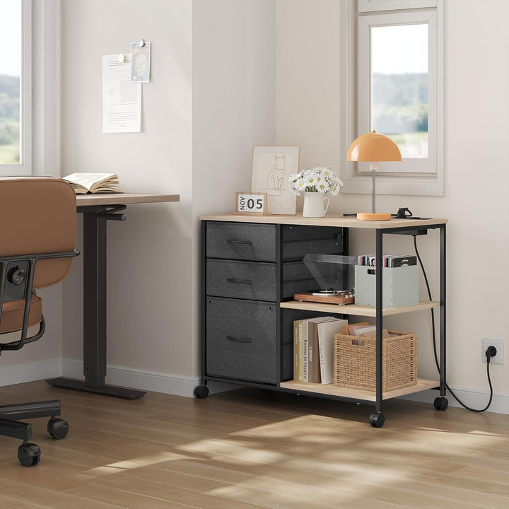 WOLTU Aktenschrank mit Ladestation, Rollcontainer mit Schubladen, Büroschrank, Druckertisch mit Roll