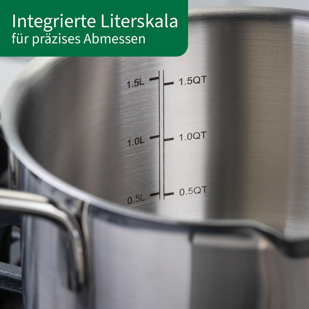 Chefkoch trifft Fackelmann Kochtopf mit Glasdeckel Ø16 cm – 2,0 L Volumen, 1,5 L Füllmenge mit Innen