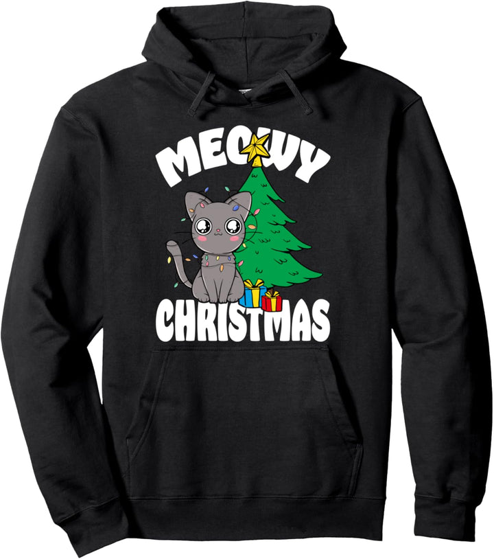 Meowy Christmas - Weihnachts Katze Baum Lichterkette Pullover Hoodie