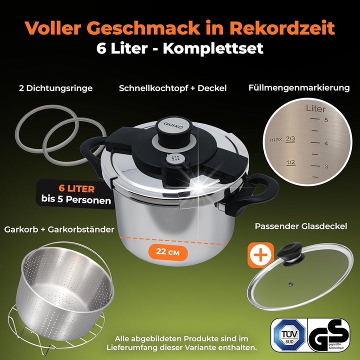 QUIXO Schnellkochtopf 6L VitaSmart mit Garkorb + Glasdeckel + Kochzeitsignal für alle Herdarten [NEU