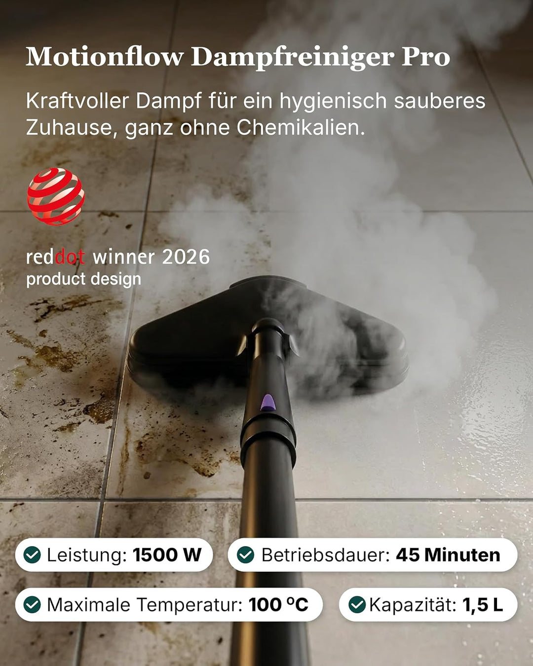 Motionflow PRO Dampfreiniger für alles - 1500W Hochdruck Steam Cleaner mit Edelstahlboiler für Polst