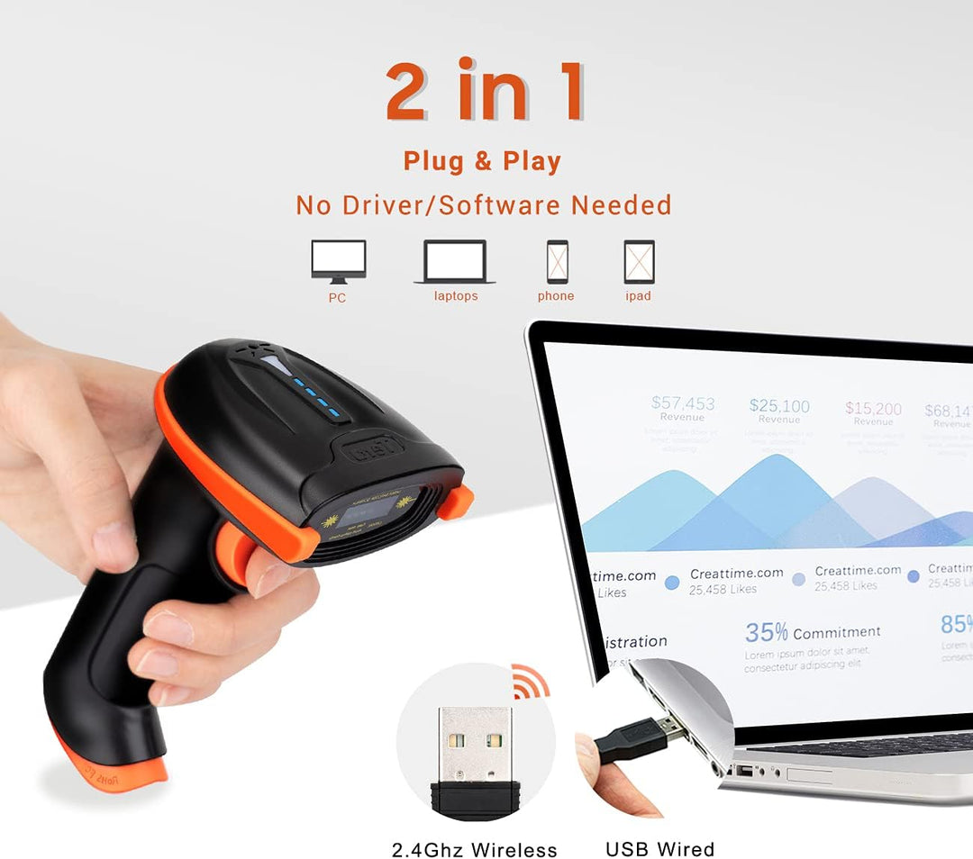 Tera Kabelloser Handheld-Barcode-Scanner 1D Laser Wireless und USB-Wired mit Akkustandsanzeige, Extr