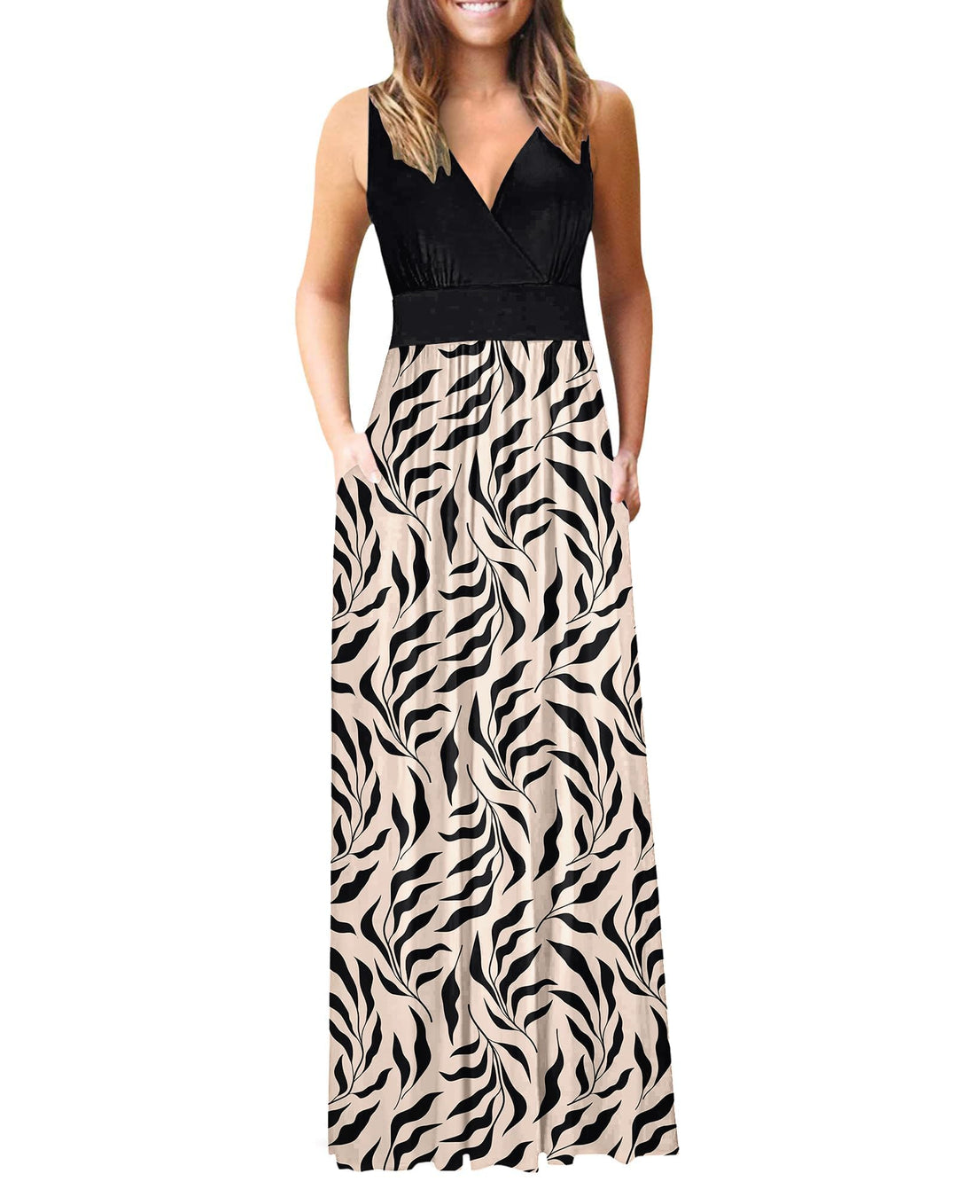 AUSELILY Maxikleid Damen Sommer ärmellos Kleid Lang Elegant tiefem V-Ausschnitt Abendkleid mit Tasch