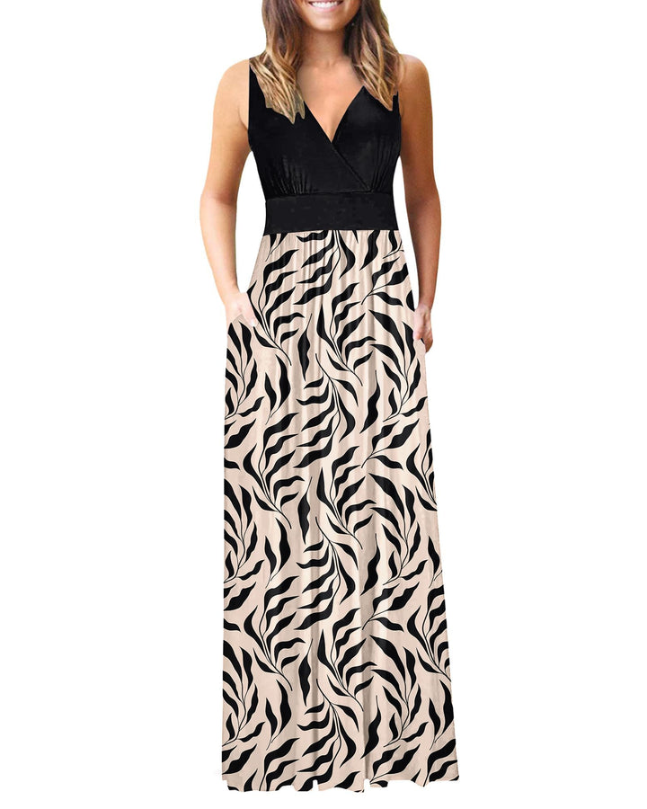 AUSELILY Maxikleid Damen Sommer ärmellos Kleid Lang Elegant tiefem V-Ausschnitt Abendkleid mit Tasch