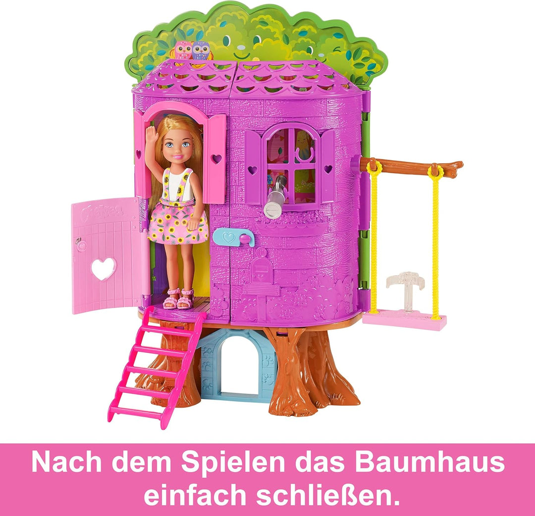Barbie - Chelsea-Puppe und Baumhaus-Spielset mit Hündchen mit Möbeln, Rutsche und mehr als 10 Zubehö