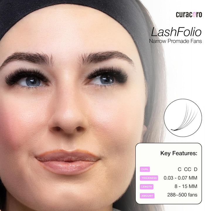 Curacoro LashFolio Schmale Promade Lüfter 12D-0.03 D Curl, 8-11 mm | Handgefertigte Volumenwimpern,