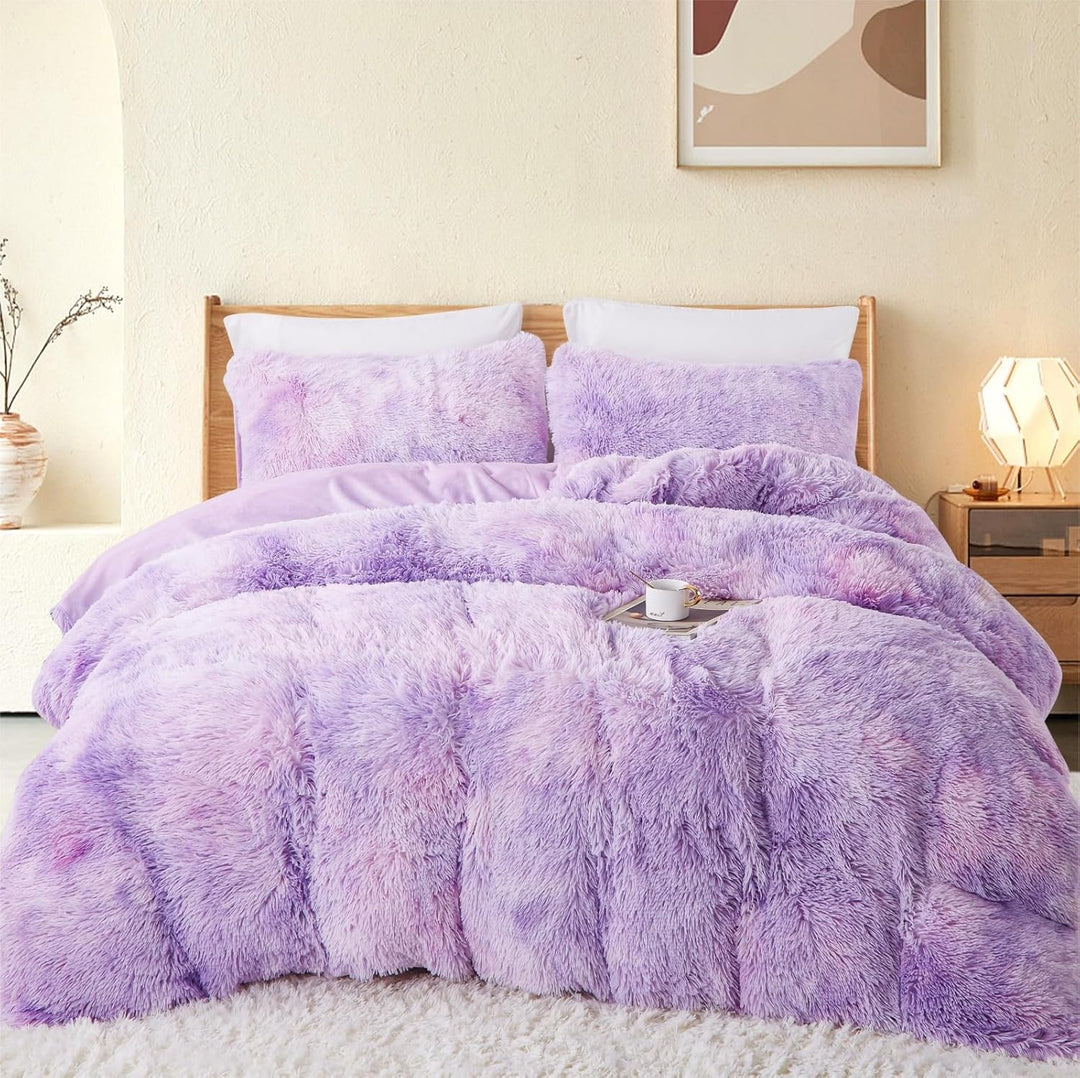 Freyamy Plüsch Bettwäsche 155x220cm Violett Langhaar Flauschig Warm Winterbettwäsche Flanell Samt Bi