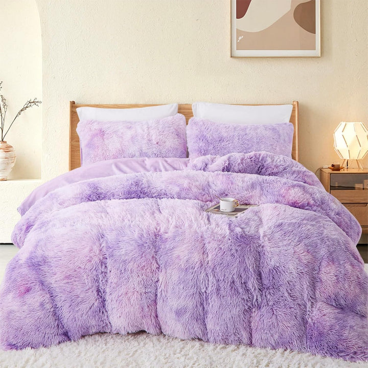 Freyamy Plüsch Bettwäsche 200x220cm Violett Langhaar Flauschig Warm Wendebettwäsche Flanell Samt Bib