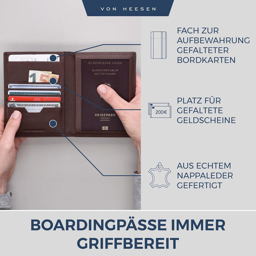 VON HEESEN® Reisepasshülle Leder Etui mit RFID-Schutz - Passhülle Passport Reisepass Mappe Hülle Org