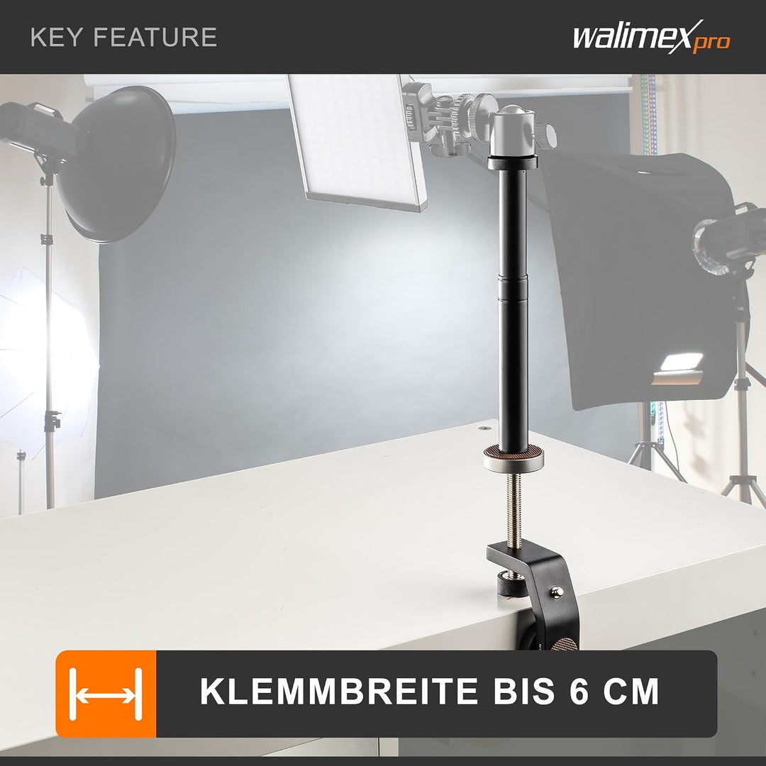 Walimex pro KX-20 Stativ Klemme – Klemmstativ, Blitzklemme, Aluminium, mit ausziehbarer Mittelsäule