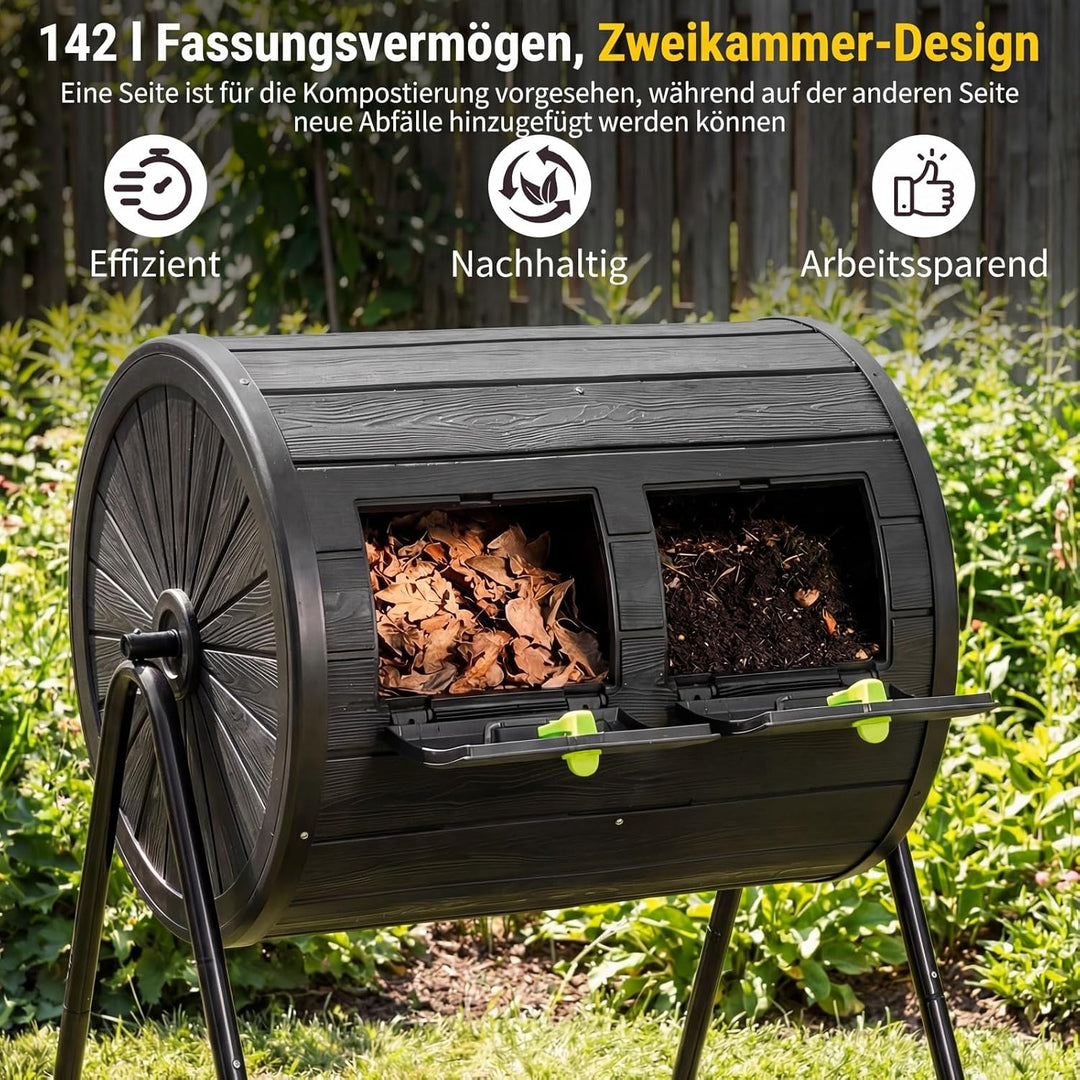 HOMASIS 142 L Trommelkomposter aus PP &amp; Metall, 360° drehbarer Schnellkomposter mit 2 Kammern, Therm