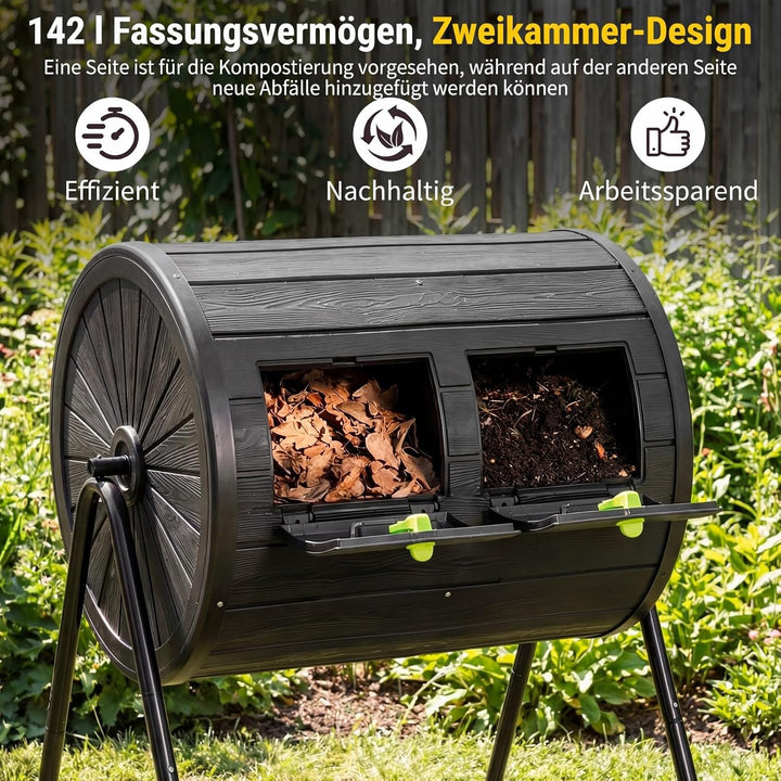 HOMASIS 142 L Trommelkomposter aus PP &amp; Metall, 360° drehbarer Schnellkomposter mit 2 Kammern, Therm