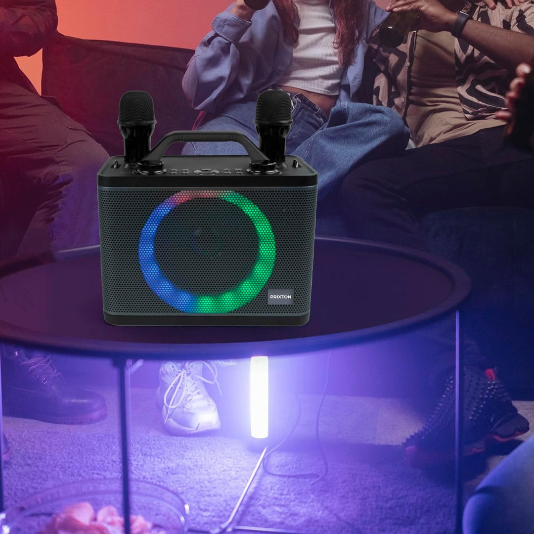 PRIXTON Karaoke Maschine Party | 2 kabellose Mikrofones, Tragbaren Bluetooth Lautsprecher mit RGB-LE