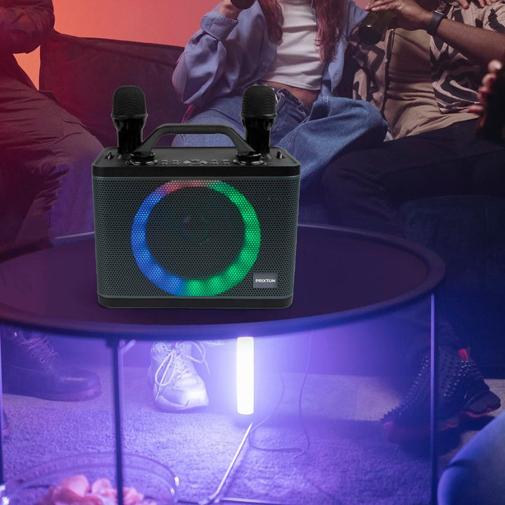 PRIXTON Karaoke Maschine Party | 2 kabellose Mikrofones, Tragbaren Bluetooth Lautsprecher mit RGB-LE