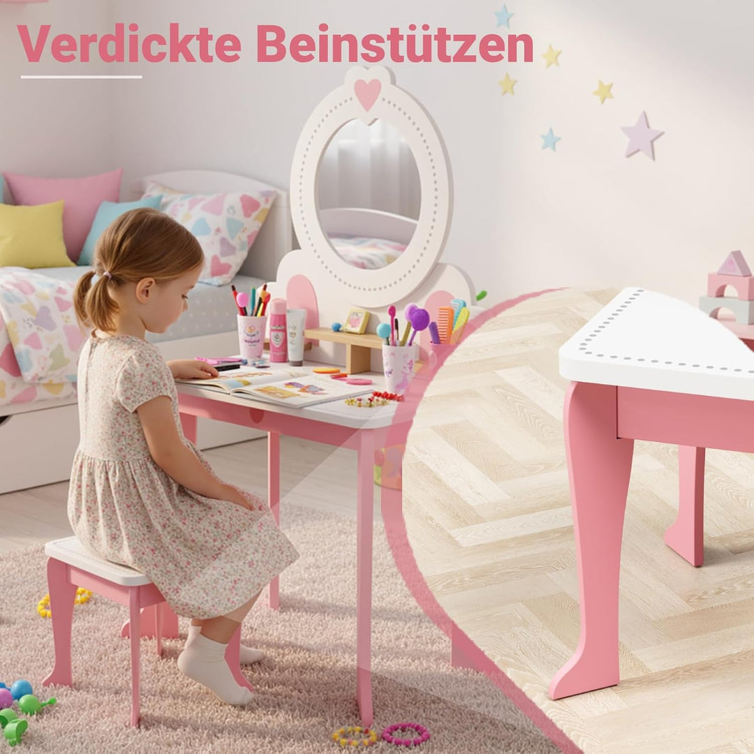 Clevich Schminktisch Kinder Set, 2 in 1 Kinderschminktisch mit Spiegel, Aufbewahrungsregale, Schreib
