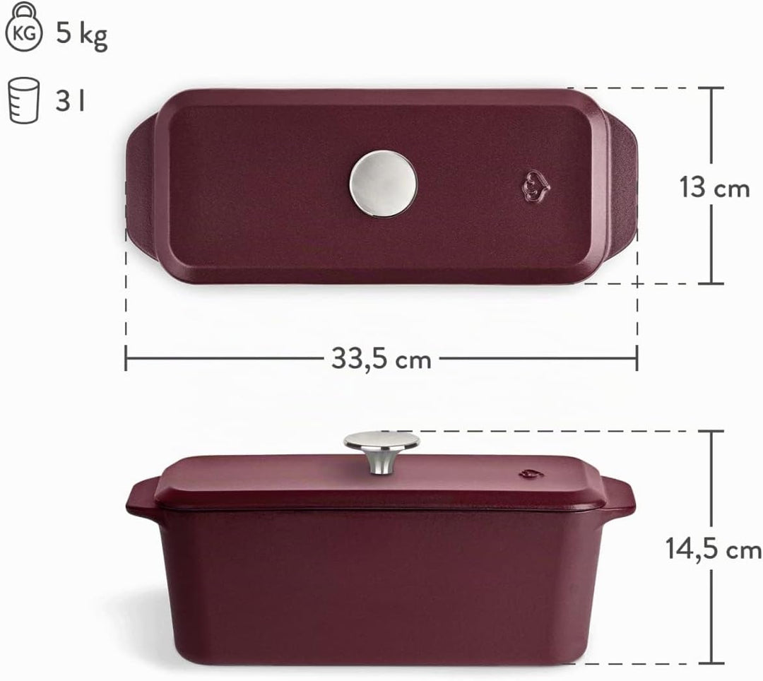 Springlane Kitchen Kastenform Gusseisen mit Deckel 3L, Emaillierte Brotbackform für saftiges Brot, P