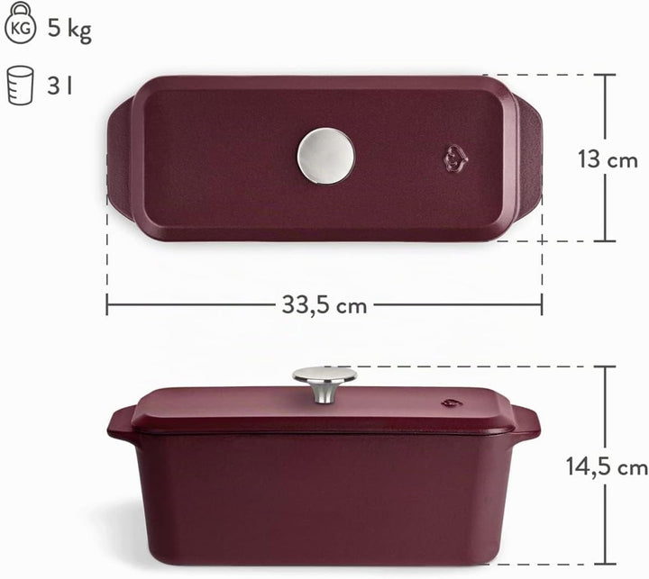 Springlane Kitchen Kastenform Gusseisen mit Deckel 3L, Emaillierte Brotbackform für saftiges Brot, P