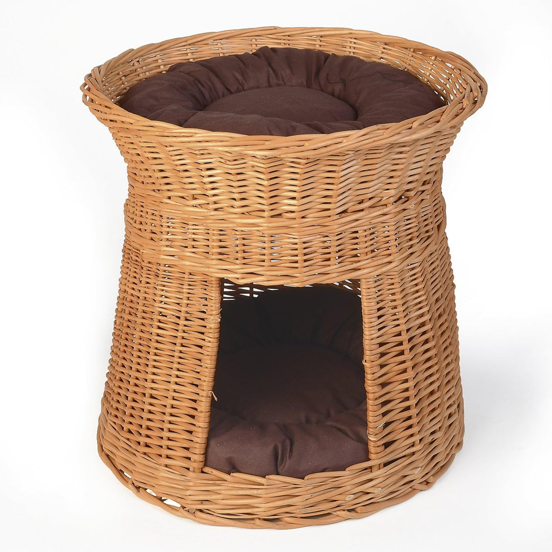 WEIDENPROFI Katzenkorb, Katzenturm aus Heller Weide, inkl. 2 Kissen, Grösse ca.: Ø 42-46 cm x Höhe 4