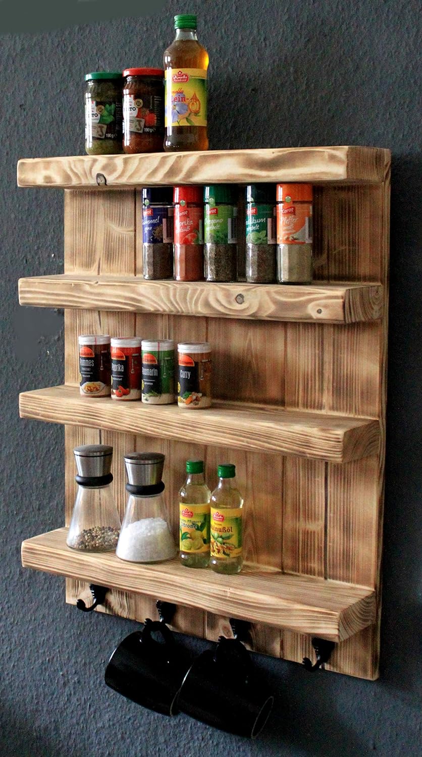 Dekorie Gewürzregal aus Holz für die Wand - Geflammt - 4 Stellflächen - 65 x 50 x 12 cm - Massivholz